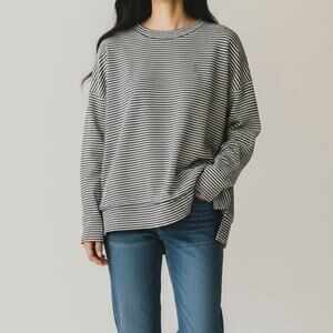 Zara Oversized Striped Long Sleeve High Low Hem Stretch Top Small Black Grey